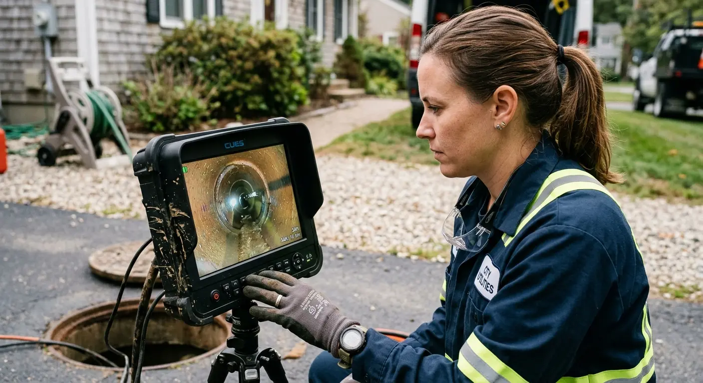 Technician reviewing sewer camera inspection footage in Walnut Ridge