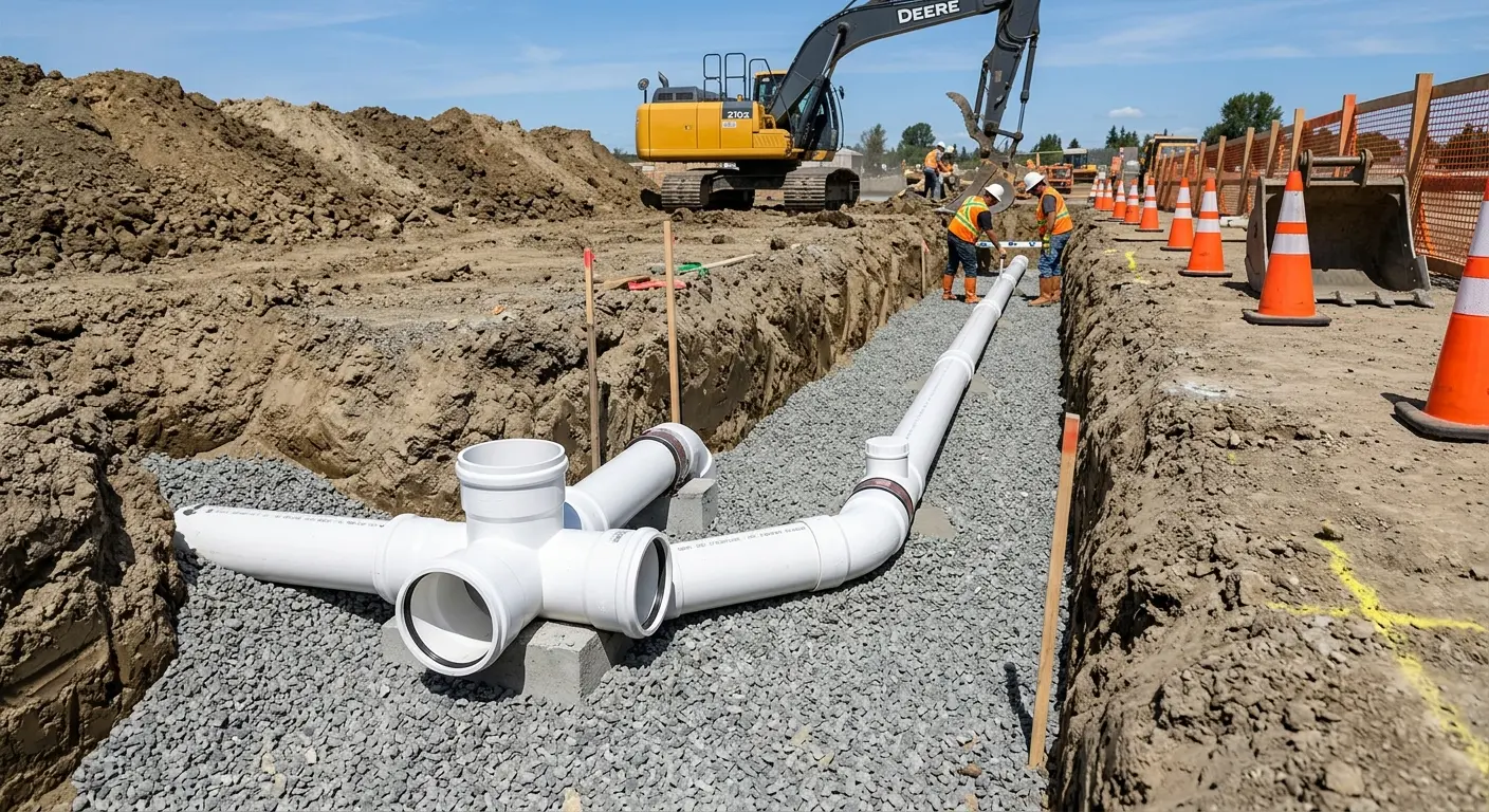 New PVC sewer pipe installation in open trench for Commercial Drain Cleaning in Walnut Ridge