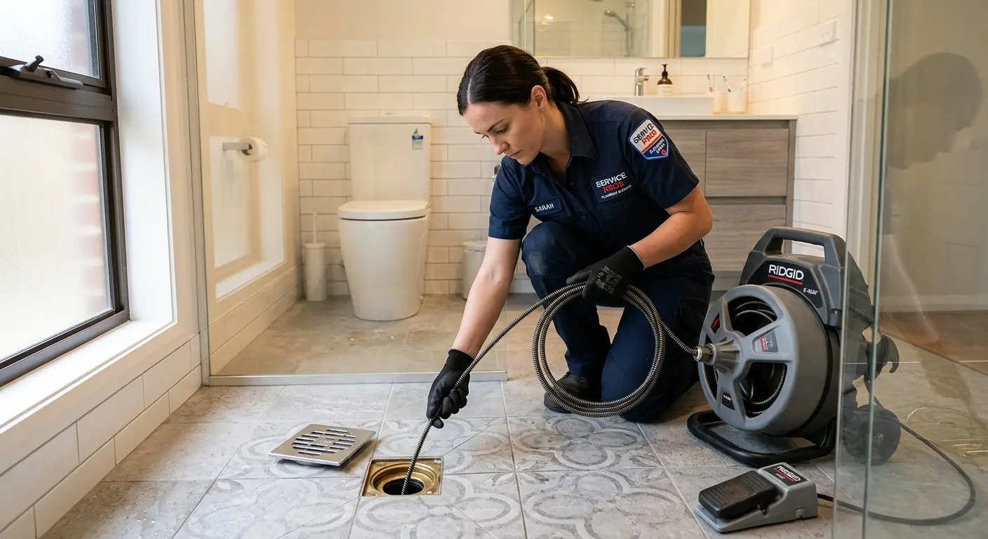 Technician clearing a bathroom floor drain for Hydro Jetting in Walnut Ridge